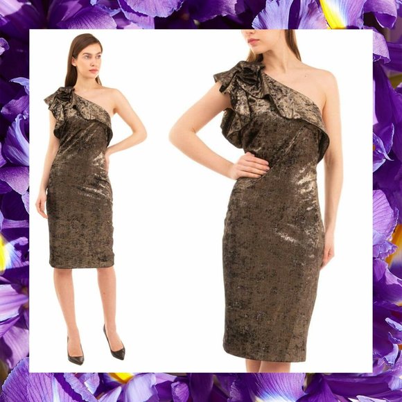 $650 New BADGLEY MISCHKA Gold Bronze Bodycon Midi Dress 8 MEDIUM  One Shoulder - Picture 3 of 13